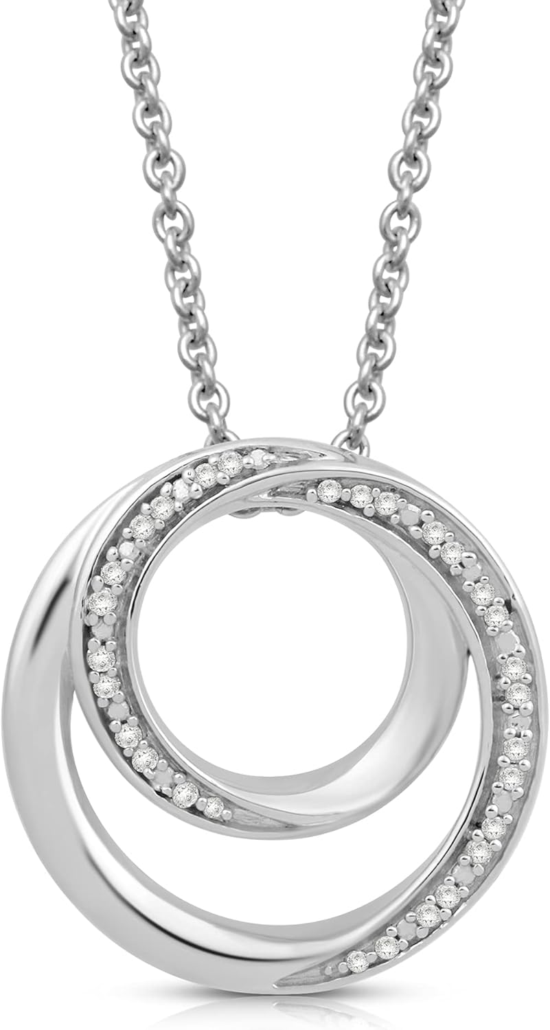 Jewelili Sterling Silver Circles Pendant Necklace for Women | Natural White Round Diamonds | 18" Rolo Chain | Luxury Jewelry with Gift Box | Timeless Fashion Jewelry Gift for Her