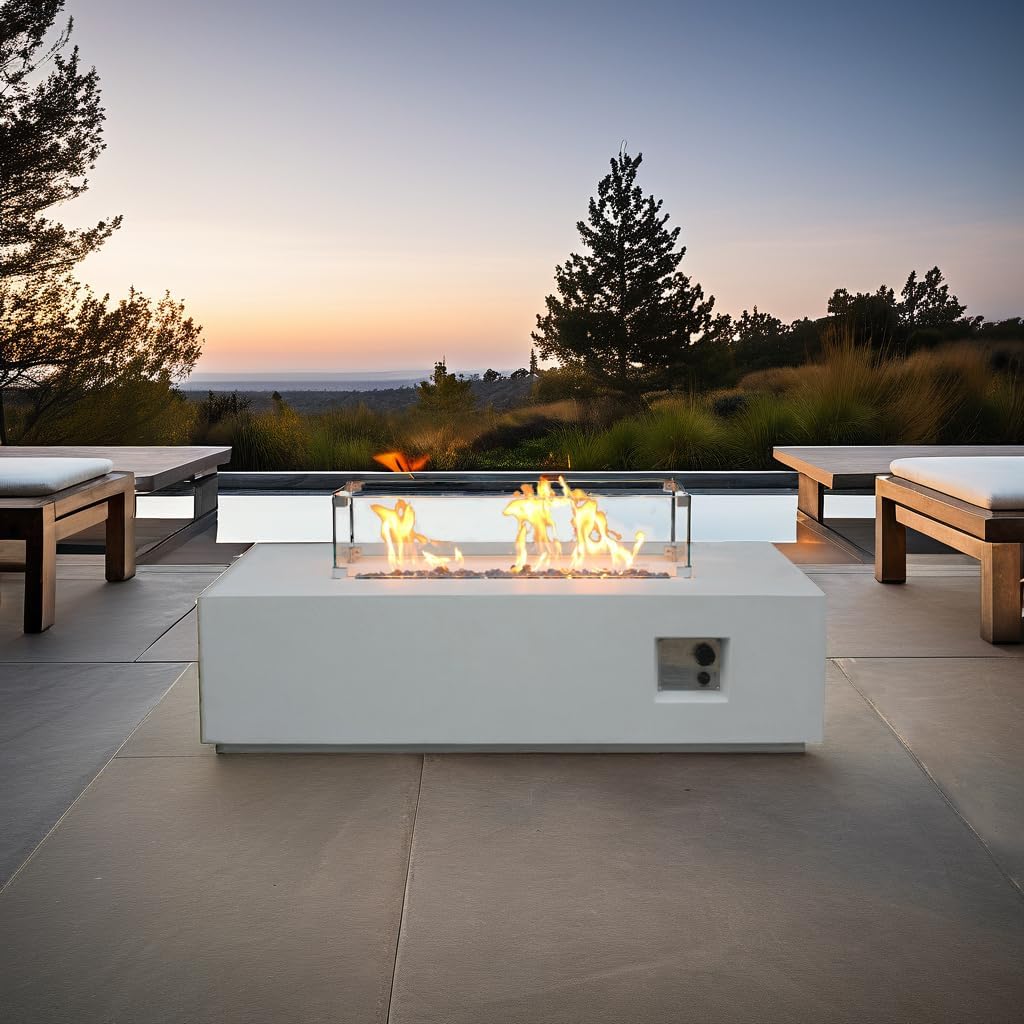 52-inch Outdoor Propane Gas Fire Pit Table, Rectangle Concrete Tabletop Firepit with Lid & Waterproof Cover, Patio Heater for Deck Backyard Garden Poolside