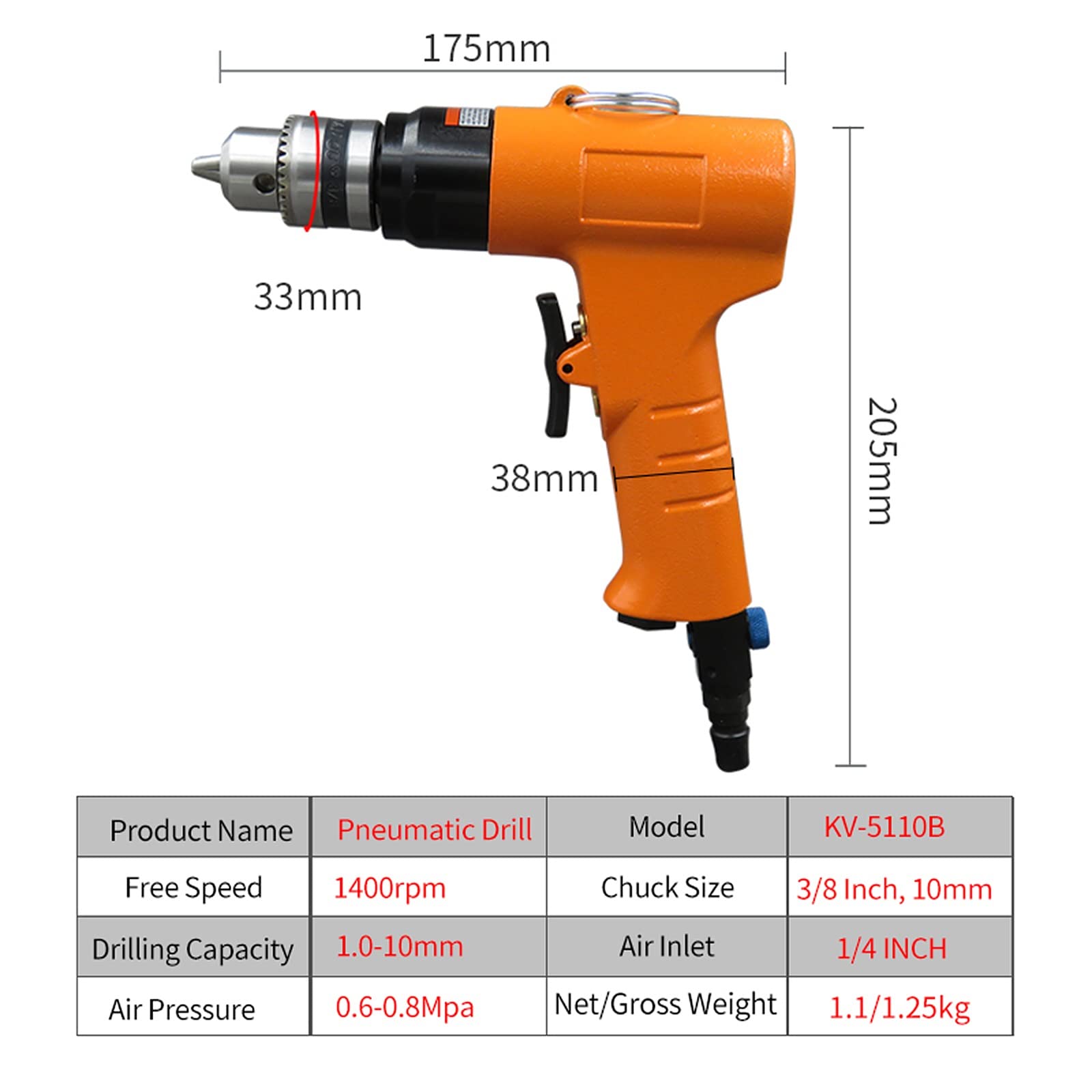 Taladro neumático reversible de 10 mm, 3/8 pulgadas, 1400 rpm