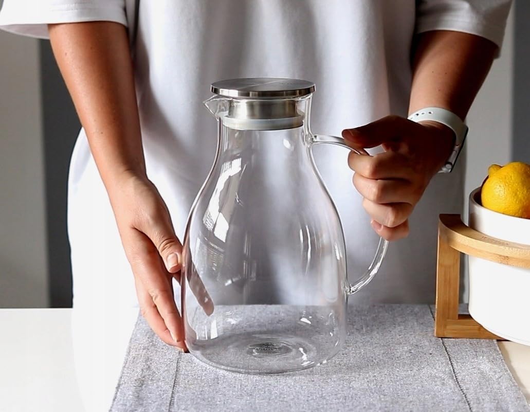 Wilmax Glaskrug 2,5L mit 6 Wassergläser 450ml im Set | Getränkeset | Wasserkrug für Saft, Wasser, Eistee, Milch | Glaskaraffe | Wasserkanne | Spülmaschinenfest | Glaskanne | Transparent