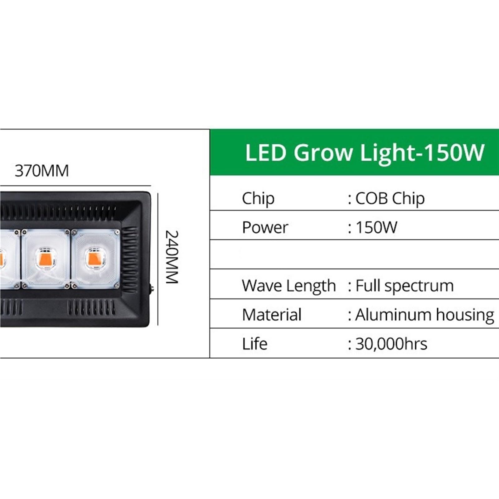 La planta crece ligera, Lámpara LED de espectro completo for cultivo plantas, for exteriores, IP65, resistente al agua, alta potencia, 50 W, 100, 150(150W with cable)