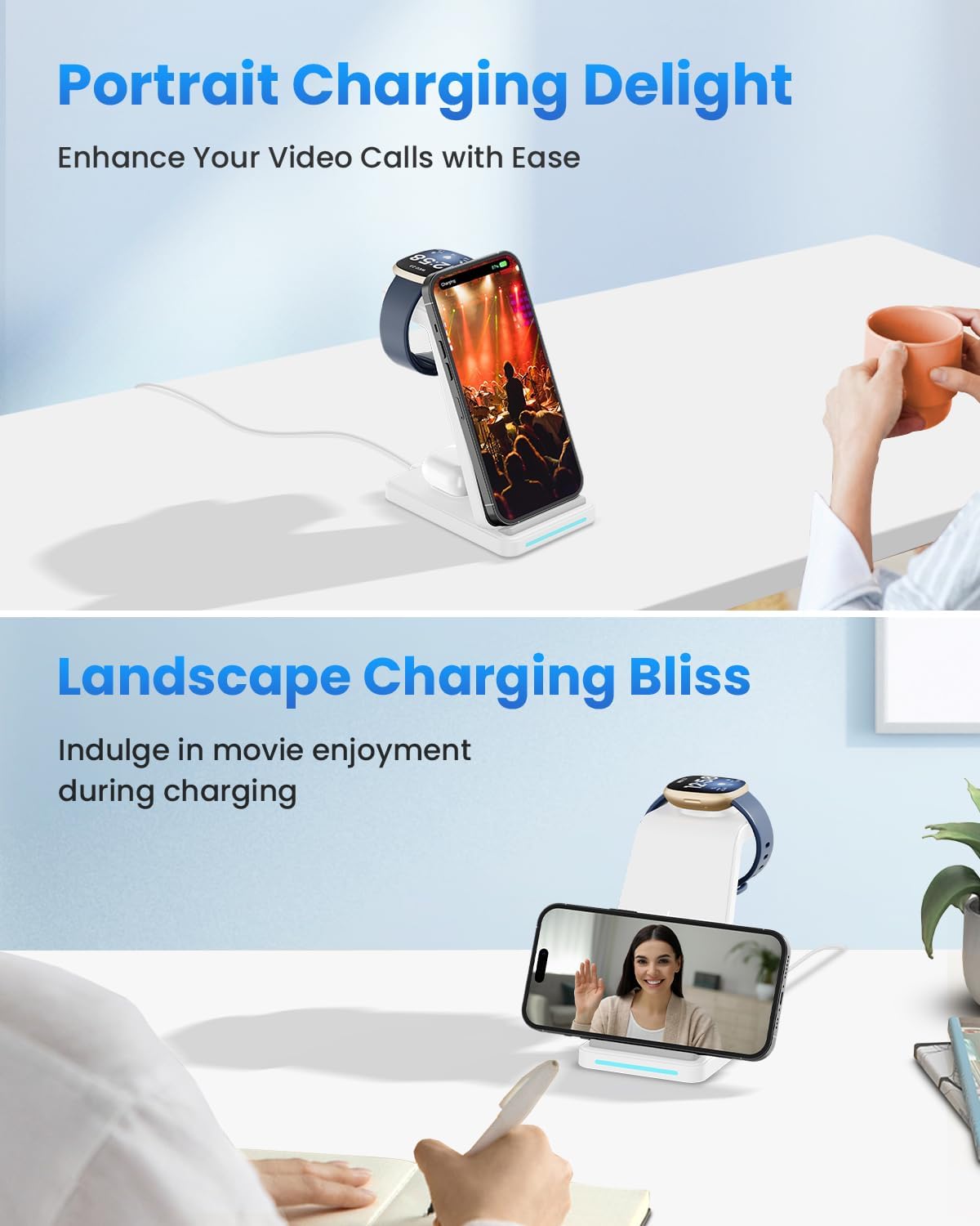 Wireless Charger for Fitbit: JoyGeek 3 in 1 Charging Station for Fitbit Versa 4/Versa 3/Sense 2/Sense, Phone Charger Stand for iPhone & Google Pixel Phone & Galaxy Phone, AirPods 3/2(White)