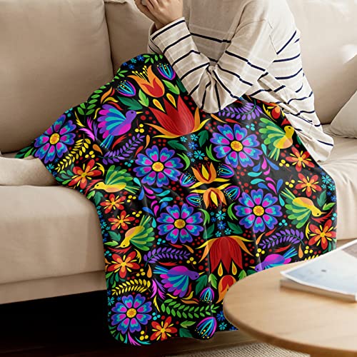 Abstract Flower Throw Blanket For Bed Couch Art Colorful Plant Bird Mexican Style Reversible Super Soft Fleece Blanket Lightweight Cozy Microfiber Blankets 60 X 80 Inche #TOP2