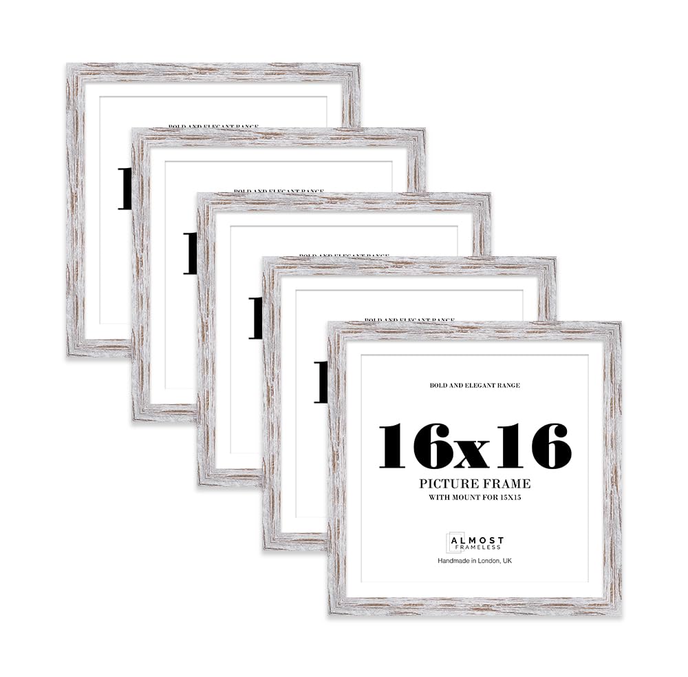 16x16" Distressed Wood Square Frame With Mount for 15x15" Pictures 28mm Edge Frame Display with Wall Hooks, 5 Pack