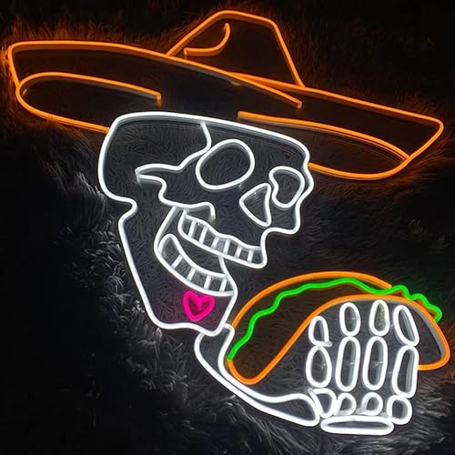 Letrero de neón de calavera y tacos con luces LED de calavera y tacos, arte de pared para dormitorio, sala de juegos, fiesta, bar, decoración de