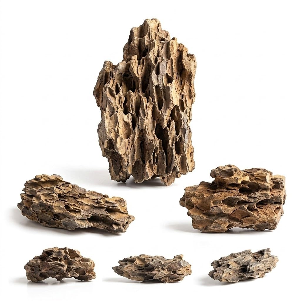 L LIQI Natural Dragon Stone Aquarium Rocks 5 lb, Hand-Selected 3–5 in Ohko Stone Aquascaping Kit for Fish Tank, Terrarium, Reptile Enclosure, Paludarium and Bonsai Decor