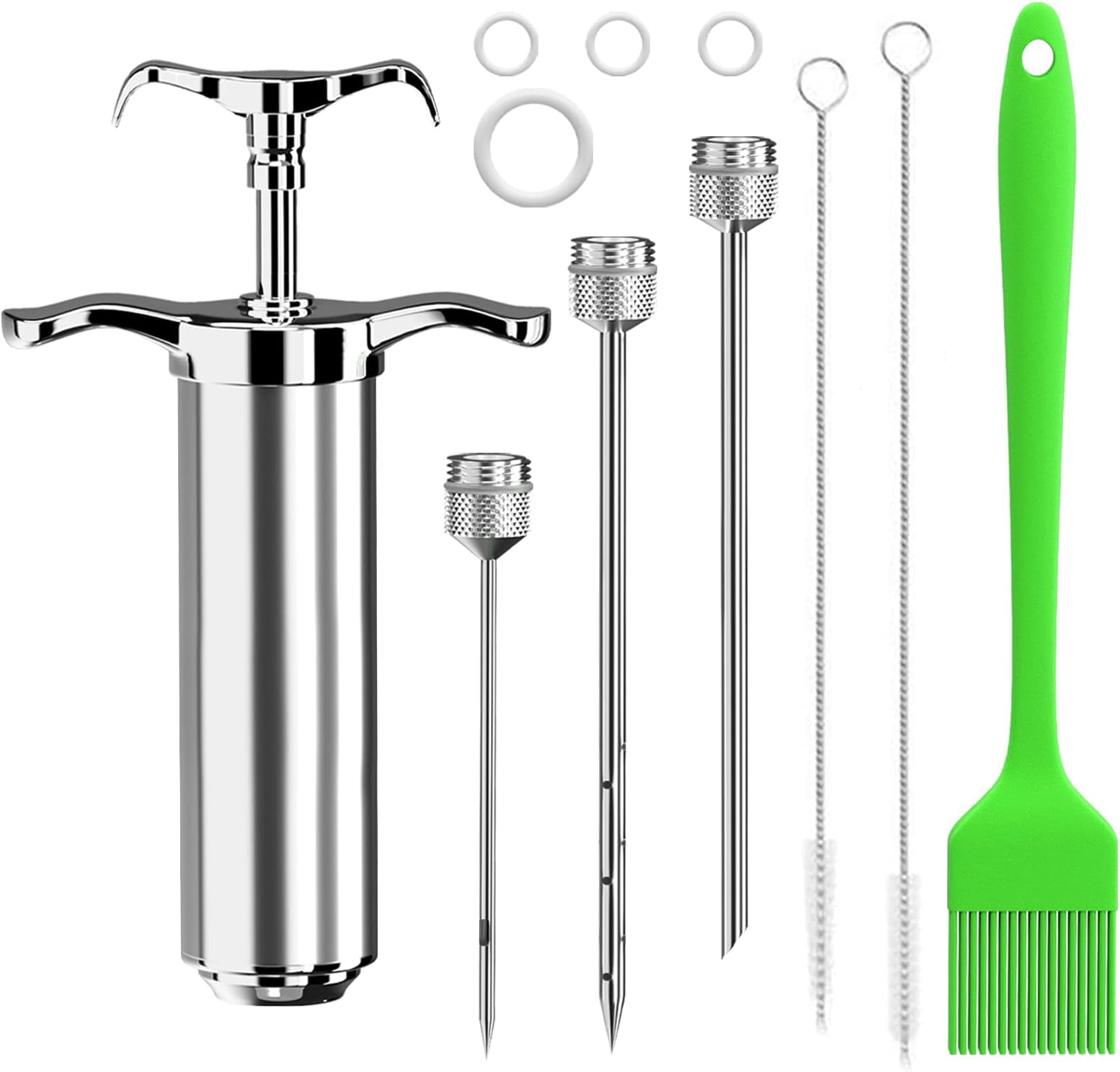 Turkey baster,Meat Injector,with 3 Marinade Injector Needles 4 Spare O-Rings and 2 Cleaner Brush,Meat Injector Syringe for BBQ Meat Beef Chicken Pastry(Silver)