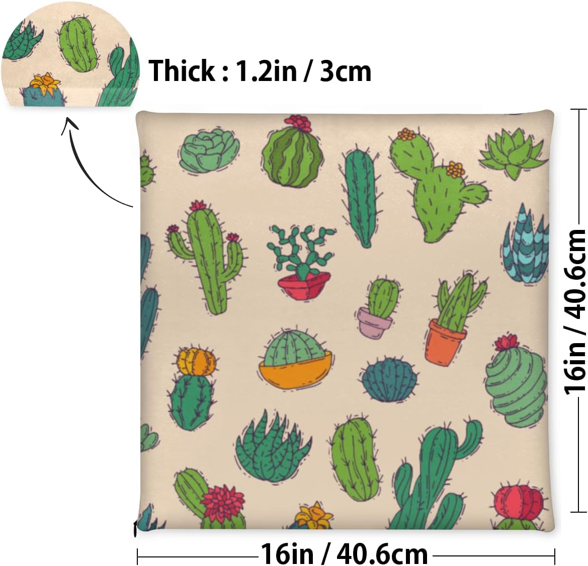 Cactus Plant Print Foam Padded Seat Cushions for Office Chairs Comfortable Chair Cushions for Dining Room Washable Chair Seat Pads 16x16
