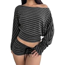 Women's Off Shoulder Long Sleeve Striped Shirt Y2K Oversized Gothic Aesthetic Grunge Shirt Going Out Tee Tops