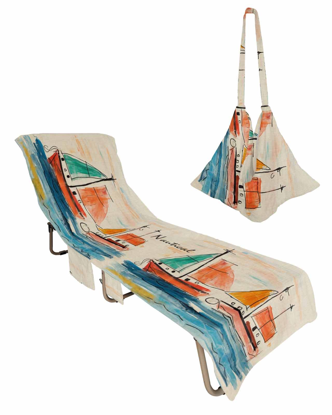 Watercolor Ship Coastal Beach Lounge Chair Towel Cover, Soft Chaise Lounge Towel with Side Pockets Patio Pool Chairs Cover for Beach/Pool Sunbathing 29x85 Summer Beach Nautical Rustic