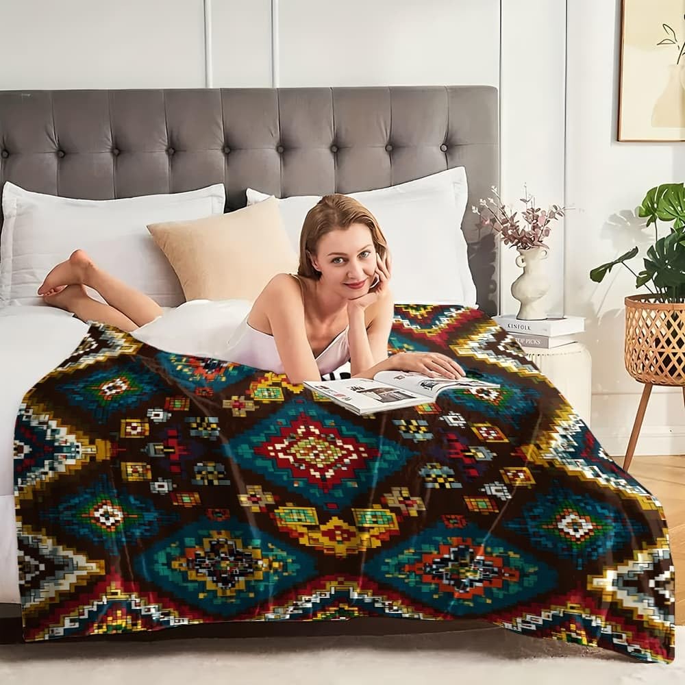 Coperta di lana leggera Antistatica XXL 180x200cm Motivo Geometrico Retrò Coperta in flanella Super Morbida Multicolore per letto Divano Ufficio Ginocchiera letto Auto Campeggio Spiaggia