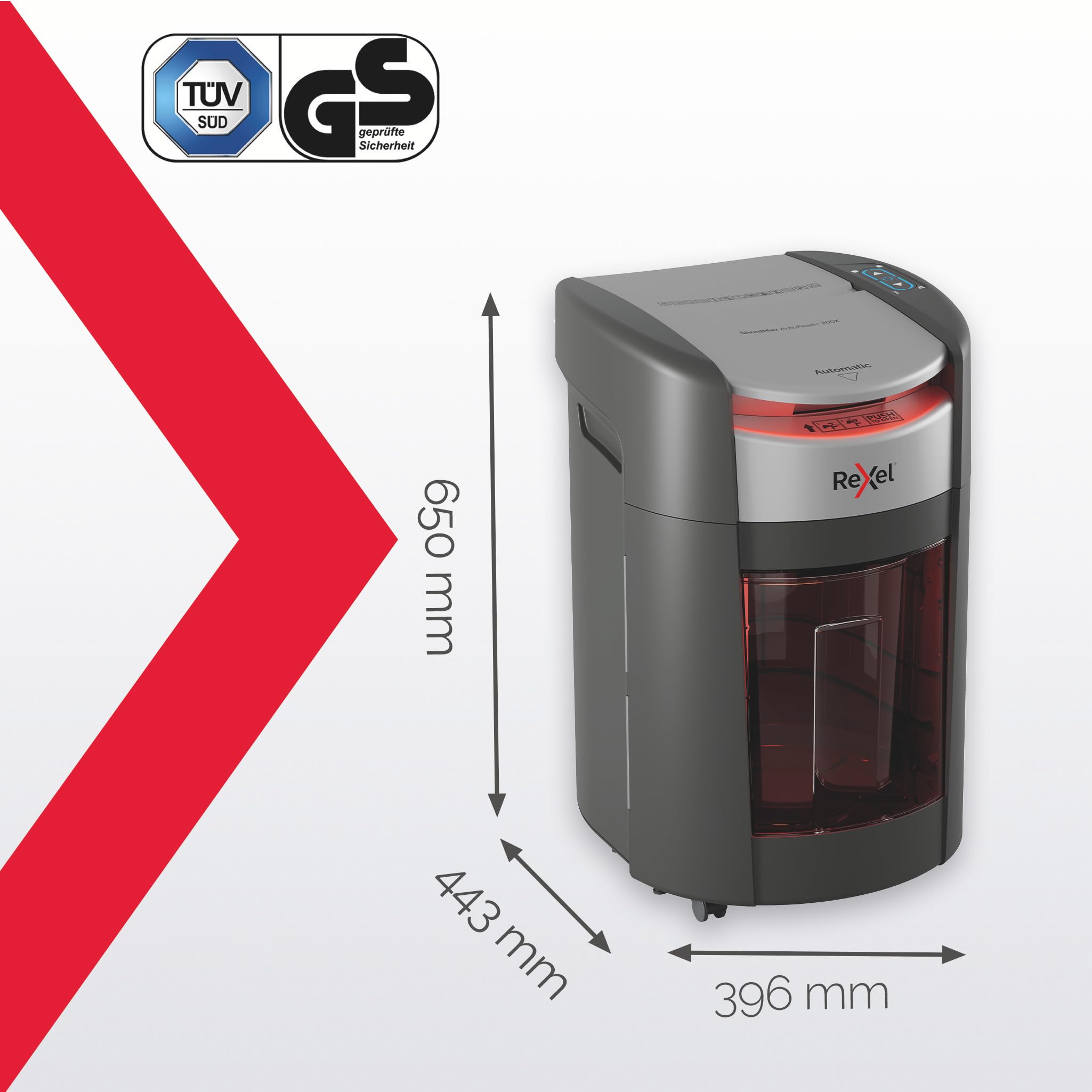 Rexel ShredMax AutoFeed+ 200M automatyczna niszczarka mikrościnki P5 | Niszczarka biurowa, zgodna z RODO, rotacja kosza, 200 arkuszy A4, kosz 21 l, <55 dBA, 30 min pracy, home office