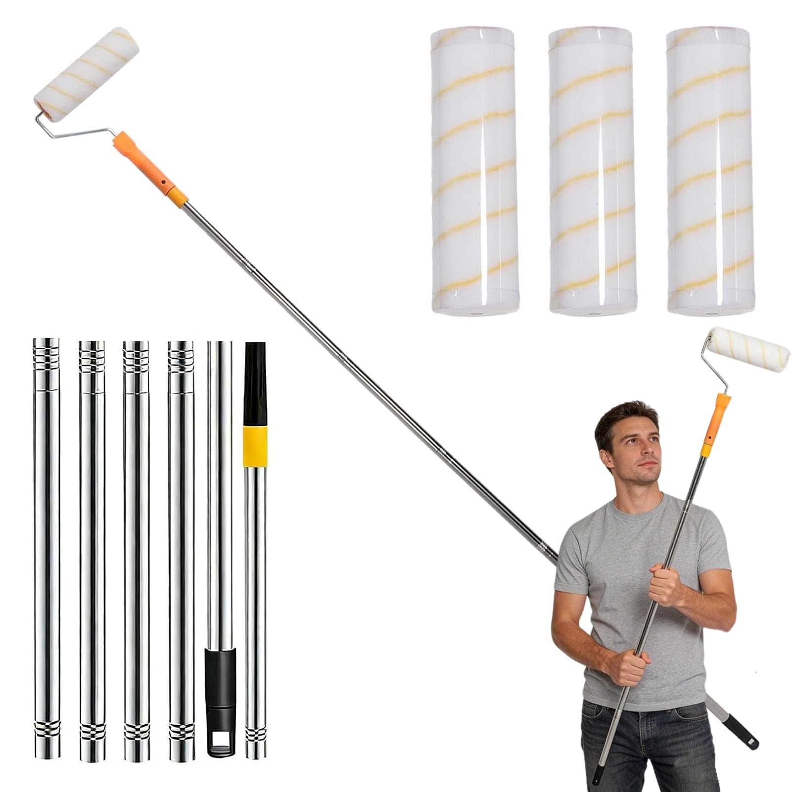 9 Inch Paint Roller Kit with 6 Sections Extension Pole, Paint Roller Brush Set with 1.8m Stainless Steel Pole and 4pcs Roller Covers Multi-Function Long Paint Roller for Painting Wall Ceiling
