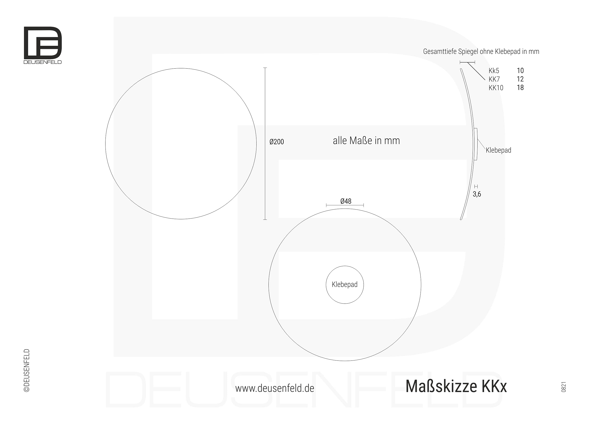 DEUSENFELD KK7 - Klebespiegel Kosmetikspiegel, Schminkspiegel, Rasierspiegel zum Kleben, 7-Fach Vergrößerung, Ø 20cm, rund, Glas, Rahmenlos, mit 3M Klebepads