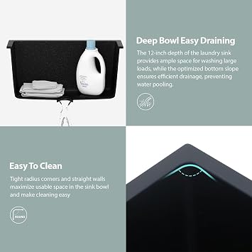 Kichae 12 Deep Undermount Laundry Sink Black 24x18 Granite Composite Quartz