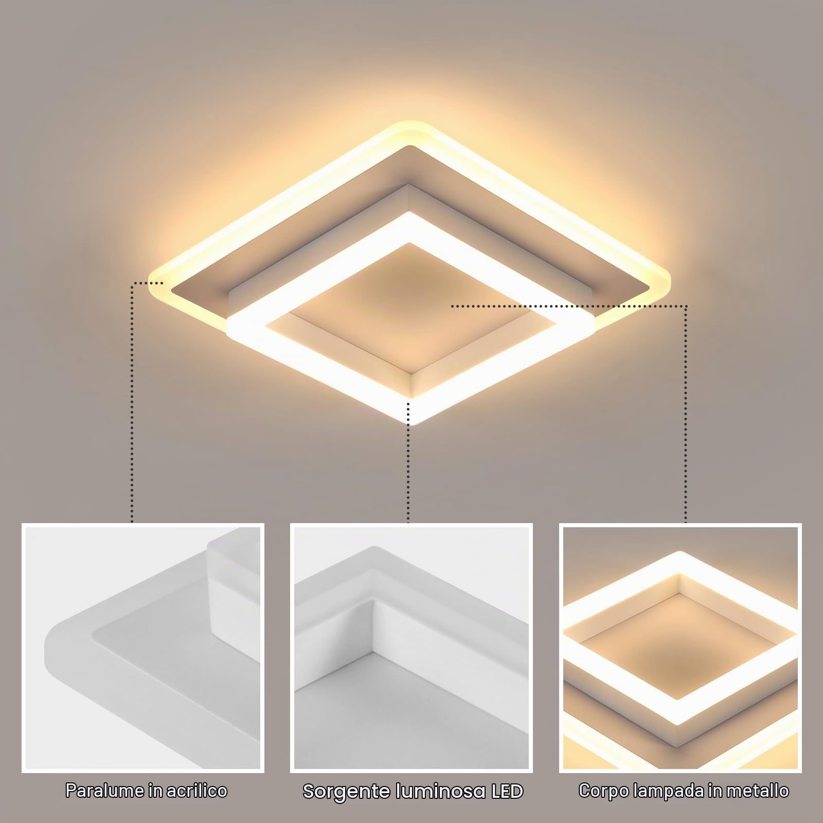 Plafoniera LED Soffitto Moderna, 30W 3375LM Lampada da Soffitto | Quadrata Bianca, Lampadario da Soffitto LED in Acrilico per Camera da letto Cucina Soggiorno, Luce Bianco Caldo 3000K, 30CM