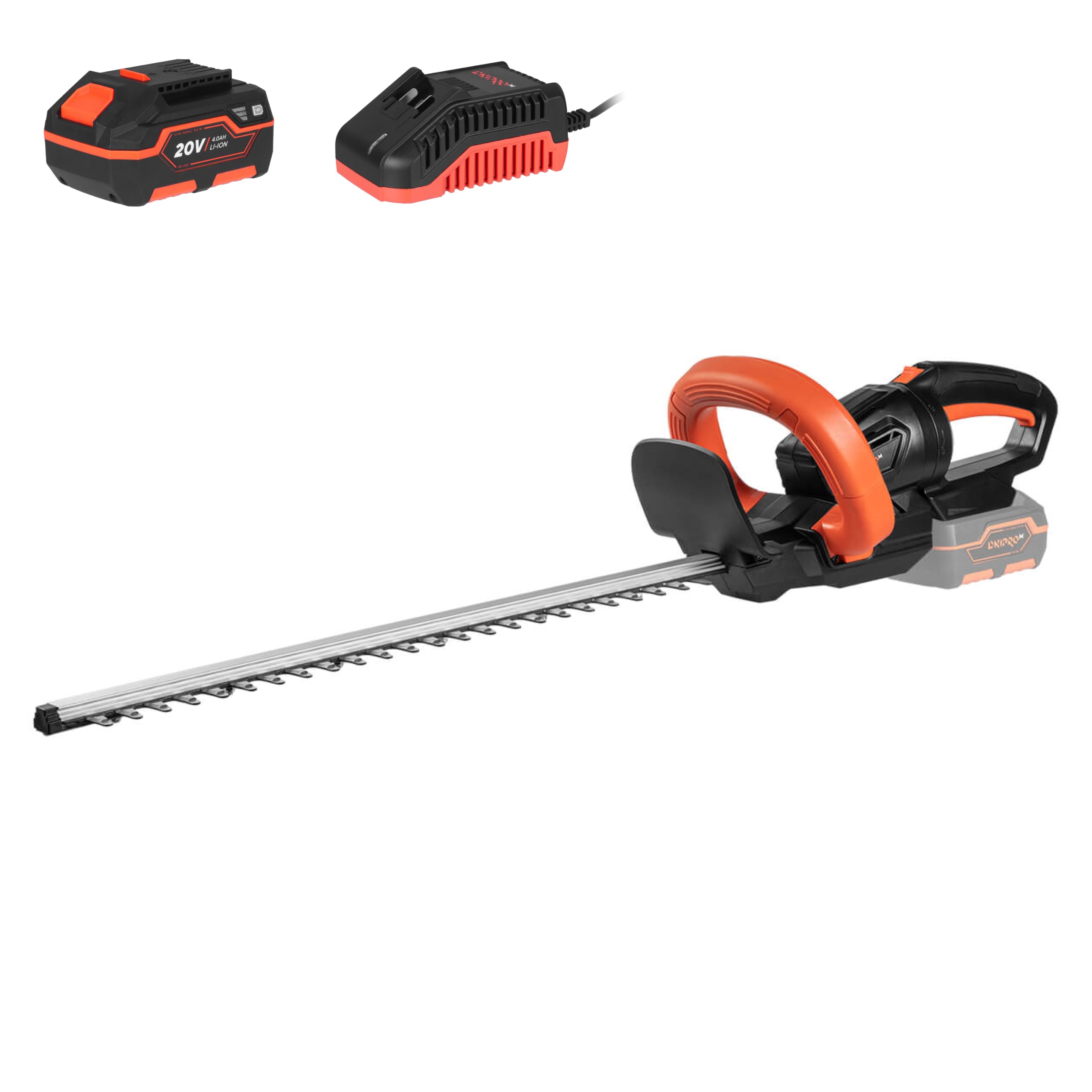 Cortasetos a Batería DHT-200 20V - Cuchilla de 51 cm, Corte Máximo de 1,5 cm, Mango Giratorio 45° y 90° - Podadora Inalámbrica para Setos, Arbustos y Jardín, Con Batería 4 Ah y Cargador - Por Dnipro-M