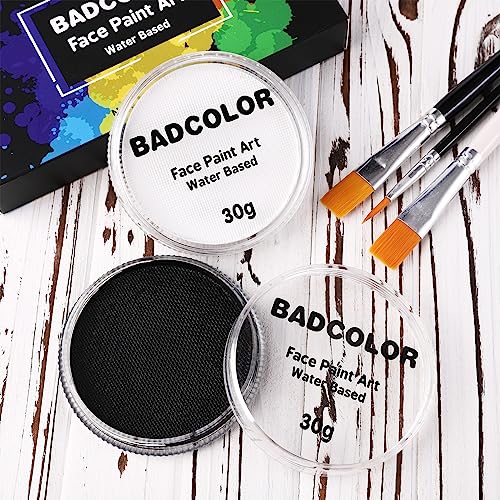 Badcolor BQBDCL008_SET1 Black & Clown White Face Body Paint With 3Pcs Painting Brushes, Water Based Sfx Makeup Palette For Kids & Adults thumb #1
