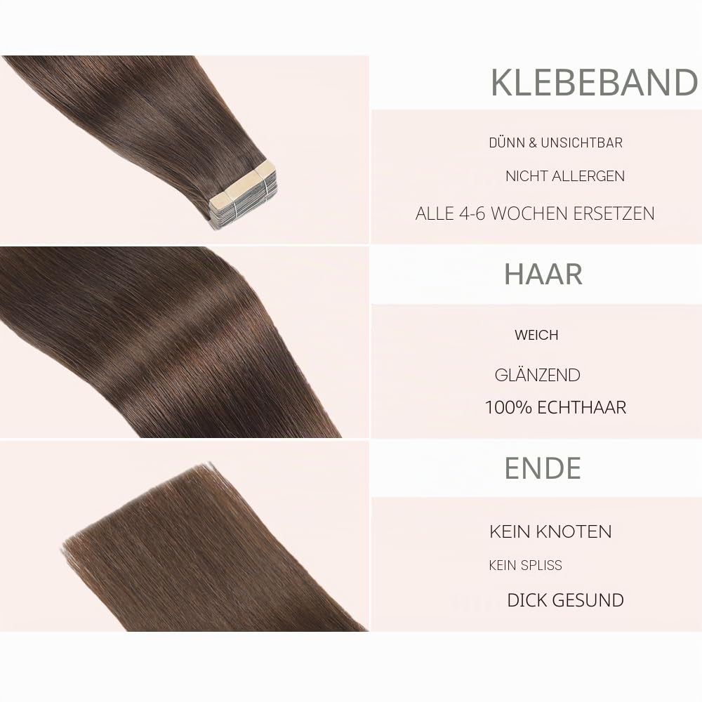 YDDM Tape Extensions Echthaar 20pcs 50cm 50g Dunkelbraun Remy Invisible Tape Extensions Seidig Gerade Echthaar Tapes Ins Tape Extensions Skin Weft Haarverlängerung(20Zoll,2#)