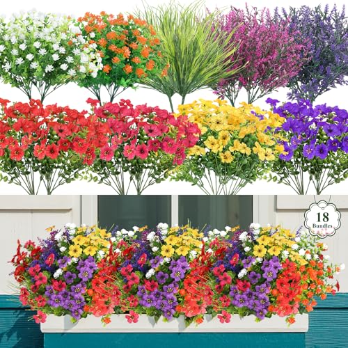MAPVOLUT 18 Bundles Realistic Artificial Flowers for Outdoor Decor - UV Resistant Faux Plants, All Season Fake Wildflowers for Garden, Patio, Porch, Pots (Assorted Colors)