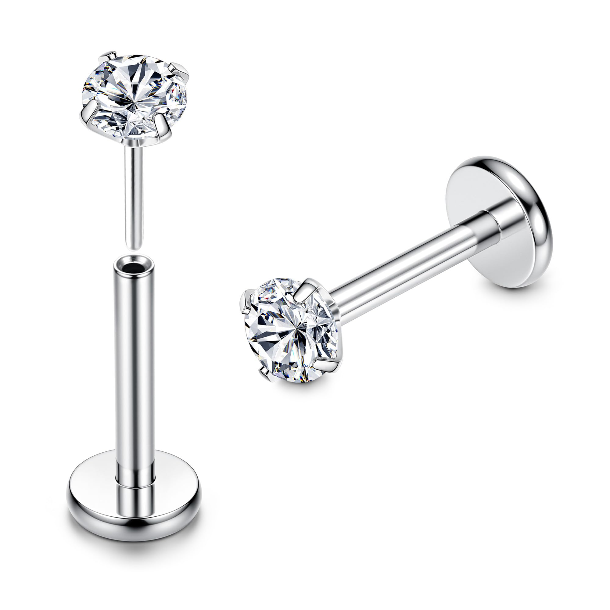 Adramata 2Pcs G23 Titanio Piercing Labret Sin Hilos Medusa Monroe Piercing Labio Piercing CZ Ópalo Pendiente Piercing Pequeño Piercing Nariz Piercing Helix Piercing Tragus Plata Piercing Oreja