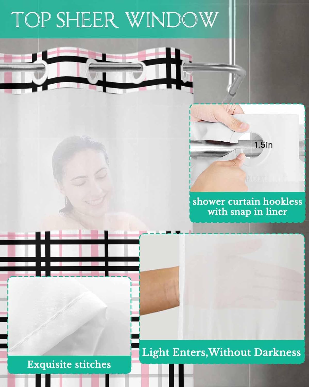 Smile Sunflower No Hooks Shower Curtain Liner Set, Abstract Stripes Pink Black Grey Plaid Waterproof Shower Curtains with Magnets, Top See Through Window Washable Rustic Shower Curtain 72"x72"