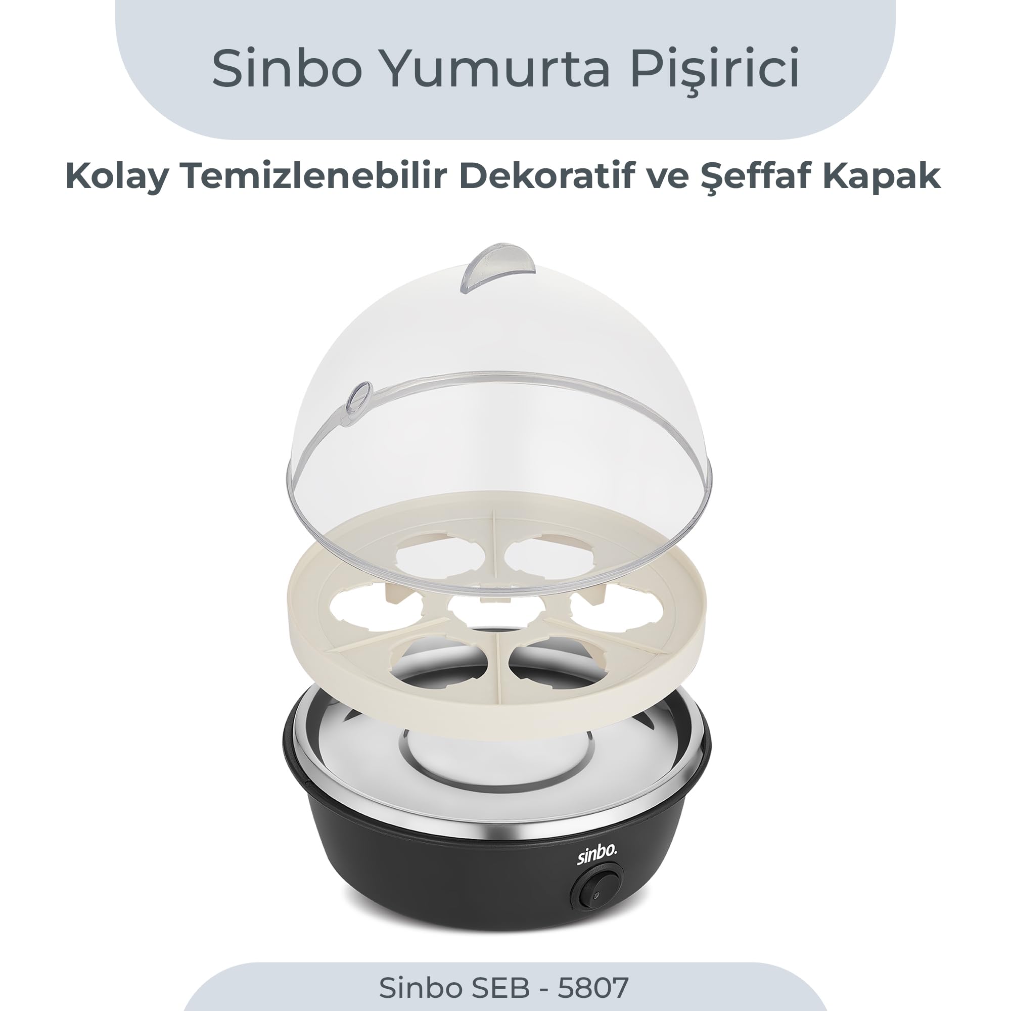 Sinbo SEB-5807 Yumurta Haşlama Makinesi, 7 Yumurtalık Elektrikli Yumurta Pişirici, 350 W, Otomatik Kapanma, Sesli Uyarı, Şeffaf Kapak