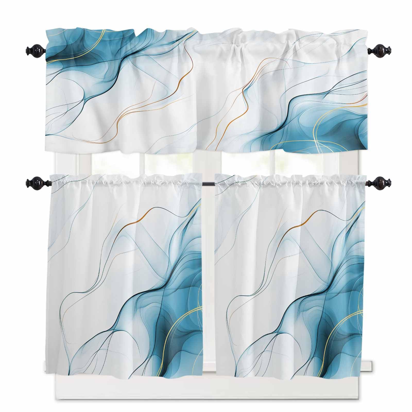 Marble Blue Kitchen Curtains 24 Inch Length,3 Piece Rod Pocket Small Half Tiers and Valance Set,Gold White Modern Gradient Ocean Wavy Ripple Small Large Window Treatment Decor for Bedroom/Bathroom