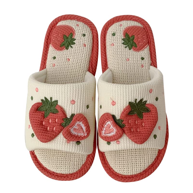 Cute Strawberry Slippers Indoor Linen House Slippers for Women Cotton Home Floor Slippers Open Toe Non-Slip Slides
