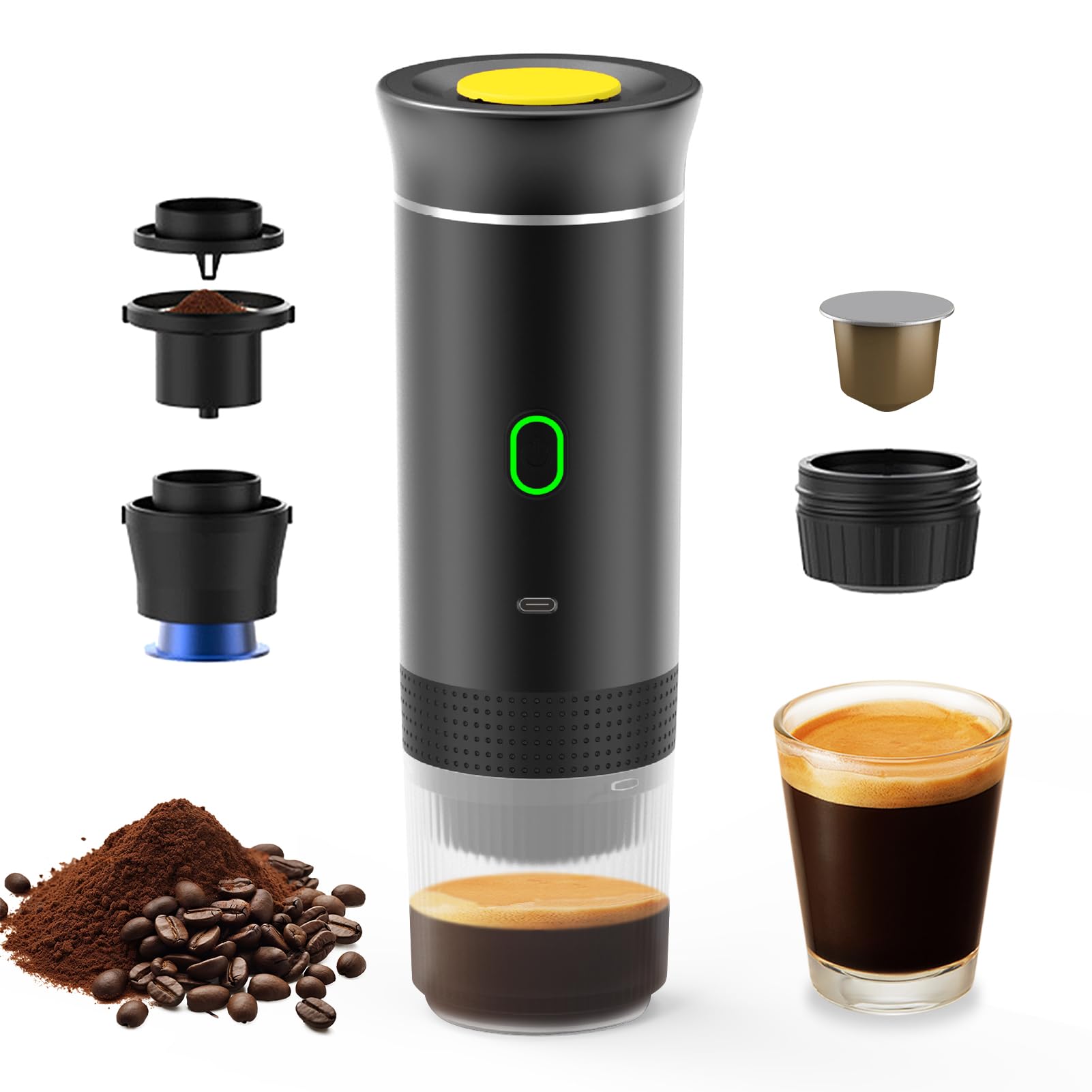 Irishom Portable Coffee Machine with 150ml Cup, 3 in 1 Cordless Electric Coffee Maker Work With Capsule and Ground Coffee Mini Cold Brew and Heating Coffee Maker for Car Home Travel