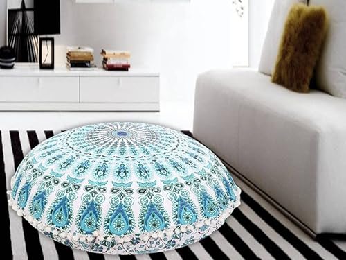 32 Inch Floor Pillows "Cover Only" White Blue Mandala Cushions Seating Throw Gypsy Hippie Boho Colorful Cotton Poufs Cases Ombre Floral Psychedelic Charming Modern Printed Yoga Dorm Peacock Home Decor #TOP11