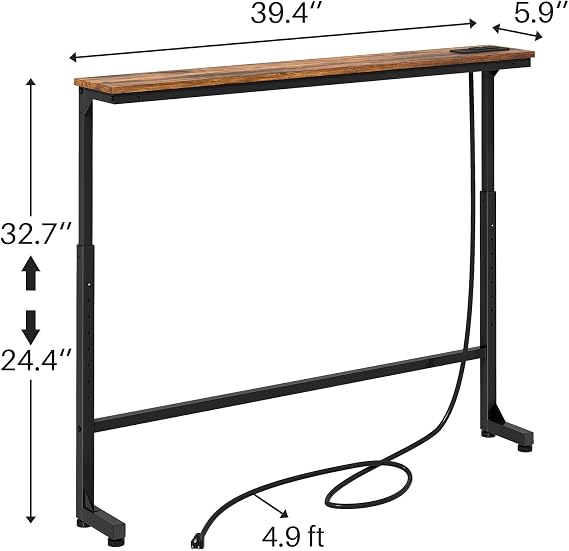 Kitstorack Narrow Console Table Behind Sofa Couch, Design with Adjustable Height (25-33) & Power Outlets, Small Entryway Table - 5.9 D x39.4 L, Rustic Brown