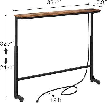 Kitstorack Narrow Console Table Behind Sofa Couch, Design with Adjustable Height (25-33) & Power Outlets, Small Entryway Table - 5.9 D x39.4 L, Rustic Brown