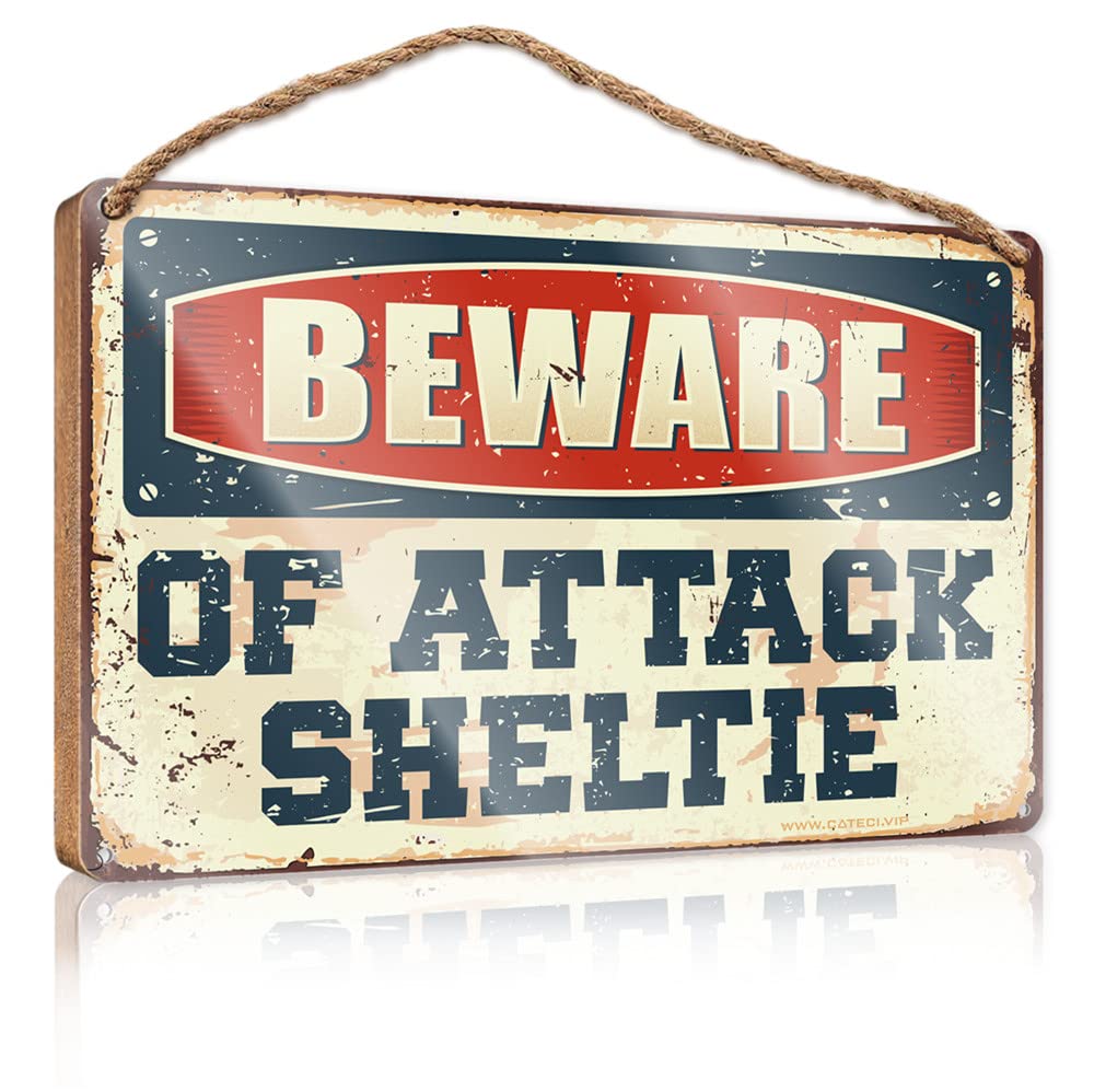 FZFN Door Sign For Bedroom Beware Of Attack Sheltie Wooden Sign Wall Hanging Decor Sayings Farmhouse Bathroom Sign(20X30CM)