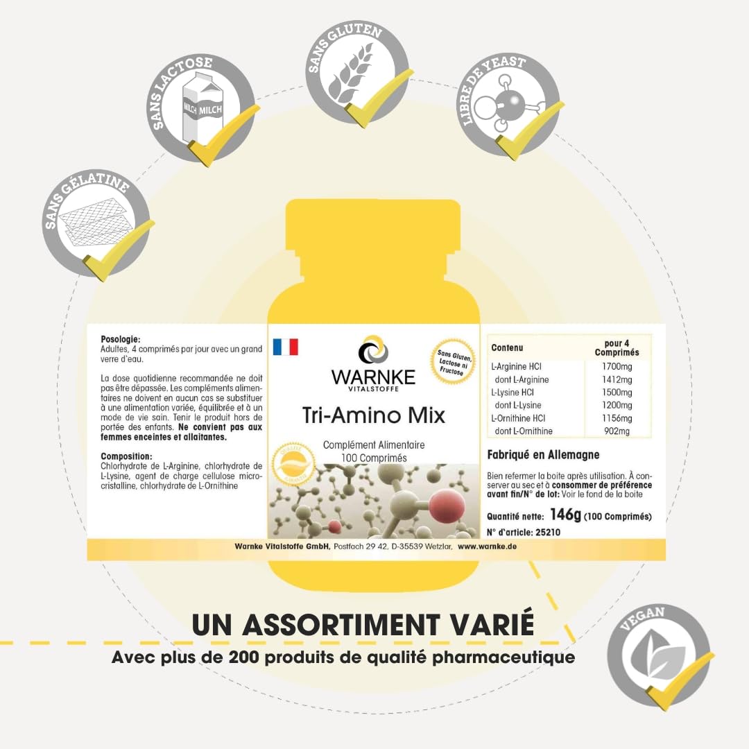 Complexe d'acides aminés - Arginine, Lysine, Ornithine - dosage élevé - 100 comprimés | Warnke Vitalstoffe - Qualité des pharmacies allemandes