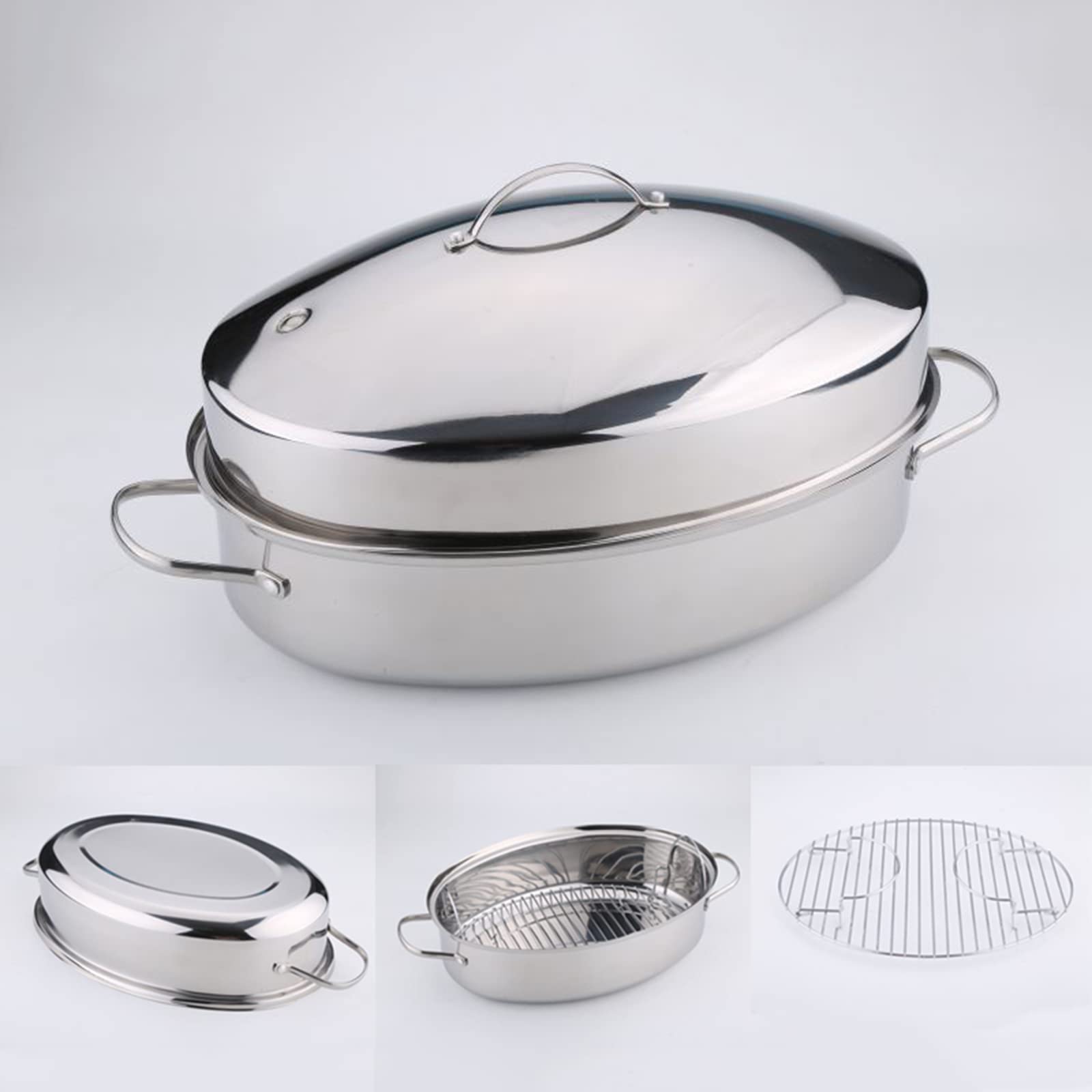 Generic Stainless Steel Oval Roaster Set - Roasting Pan with Rack and Lid - Induction Compatible Dishwasher Safe Oven Safe Turkey Roaster(Regular)