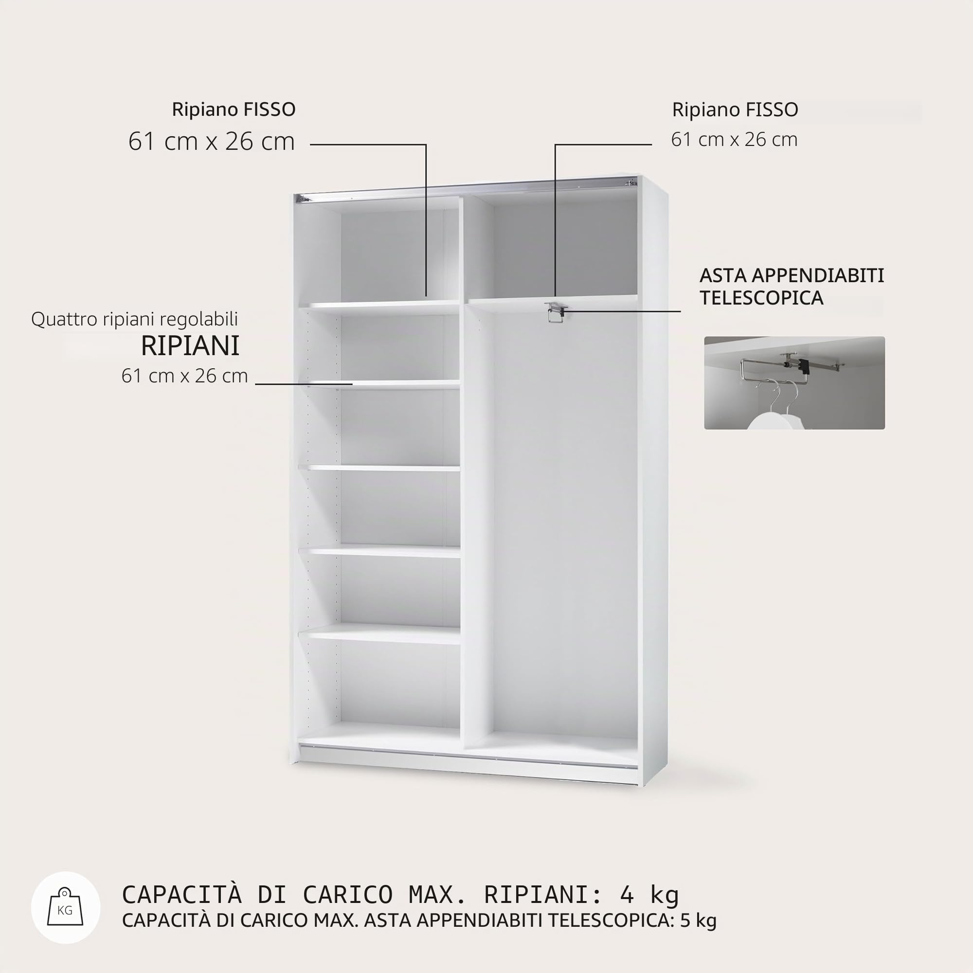 Stella Trading FAST, Armadio guardaroba elegante, molto capiente, versatile con ante scorrevoli in bianco, 125 x 195 x 38 cm, L x A x P
