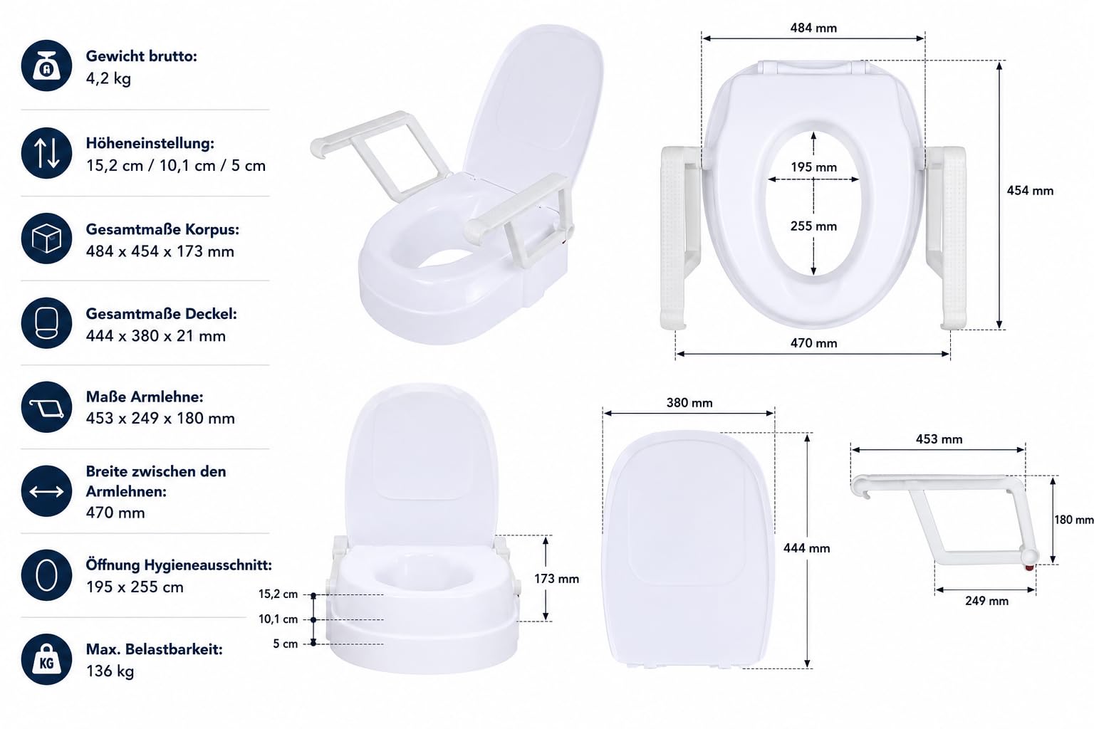 EasyFix Rialzo per WC con braccioli e coperchio, rialzo per WC regolabile in altezza, per anziani e infermieri, braccioli pieghevoli, portata fino a 136 kg, bianco