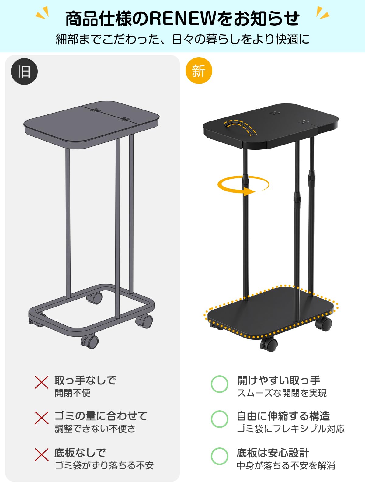 【高さ調節】ゴミ袋ホルダー ふた付き ゴミ箱 45L 30L TTWO ゴミ袋スタンド 20L~90L対応 取っ手&底板付き 袋落ち防止 使いやすい ポリ袋ホルダー キッチン 分別ゴミ箱 スリム におい遮断 レジ袋ホルダー キャスター/アジャスター付き おしゃれ お手入れ簡単 省スペース (ブラック-縦開き) - 3