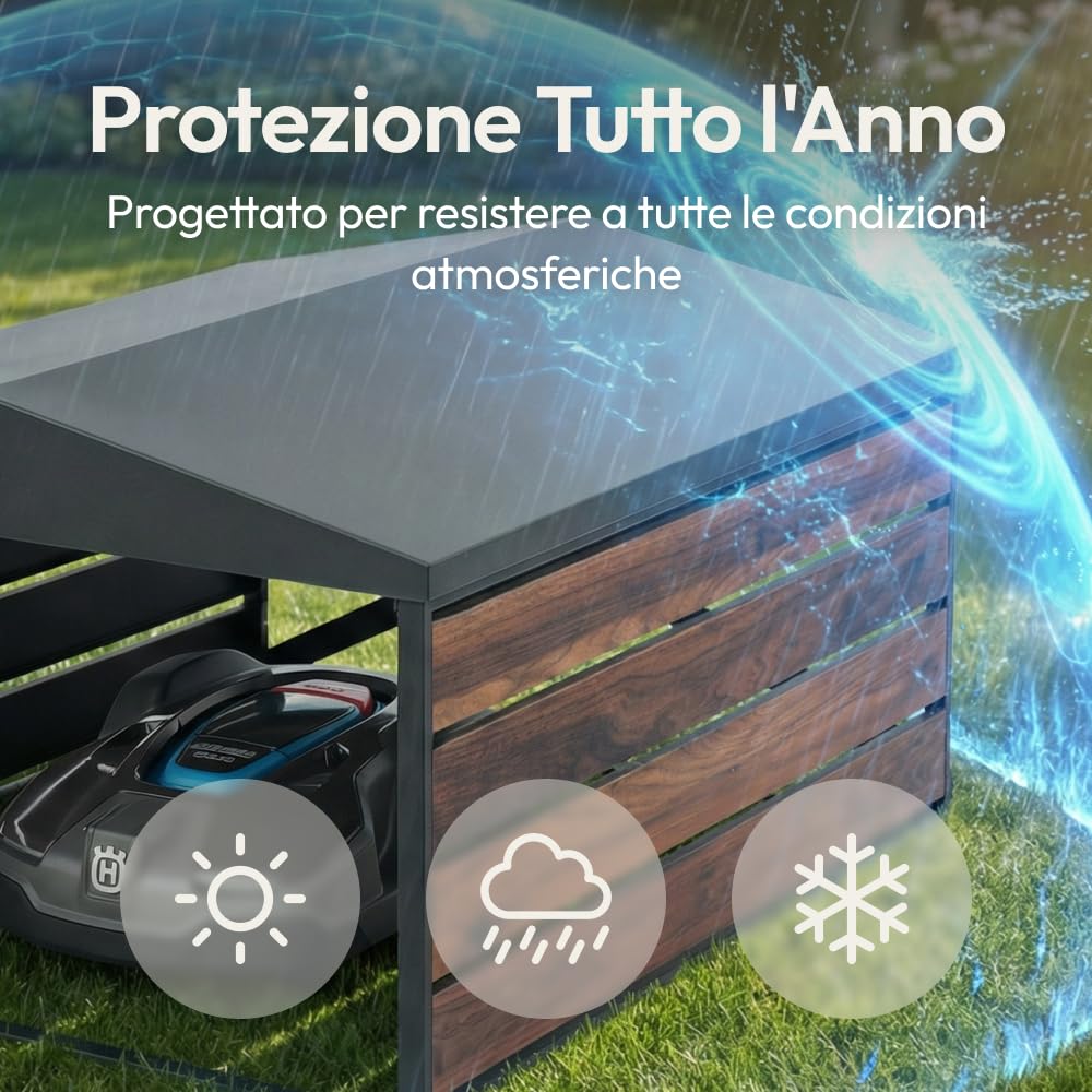 CASABEL Casetta per robot tagliaerba acciaio zincato, tetto a doppia falda | Protezione dalle intemperie, Acciaio zincato robusto, Tetto doppia falda, Riparo universale, Effetto legno, Montaggio facile