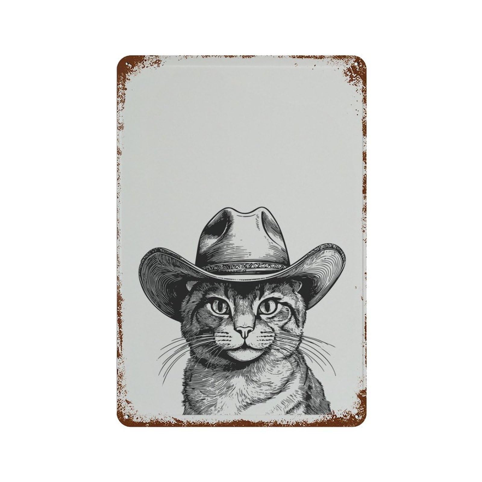 xiaoxiaoshen Cowboy Cat Illustration Black And White Western Animal Poster Wall Decor Art Metal Tin Poster Modern Home Decor Art Home Bar Shop Decorations Vintage Sign 30x20cm