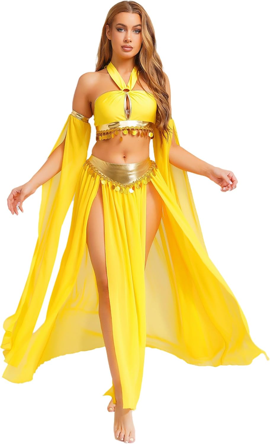 JEATHA Women's Belly Dance Dress Crop Sequin Top Slit Chiffon Skirt with Split Sleeves for Stage Performance Yellow Small