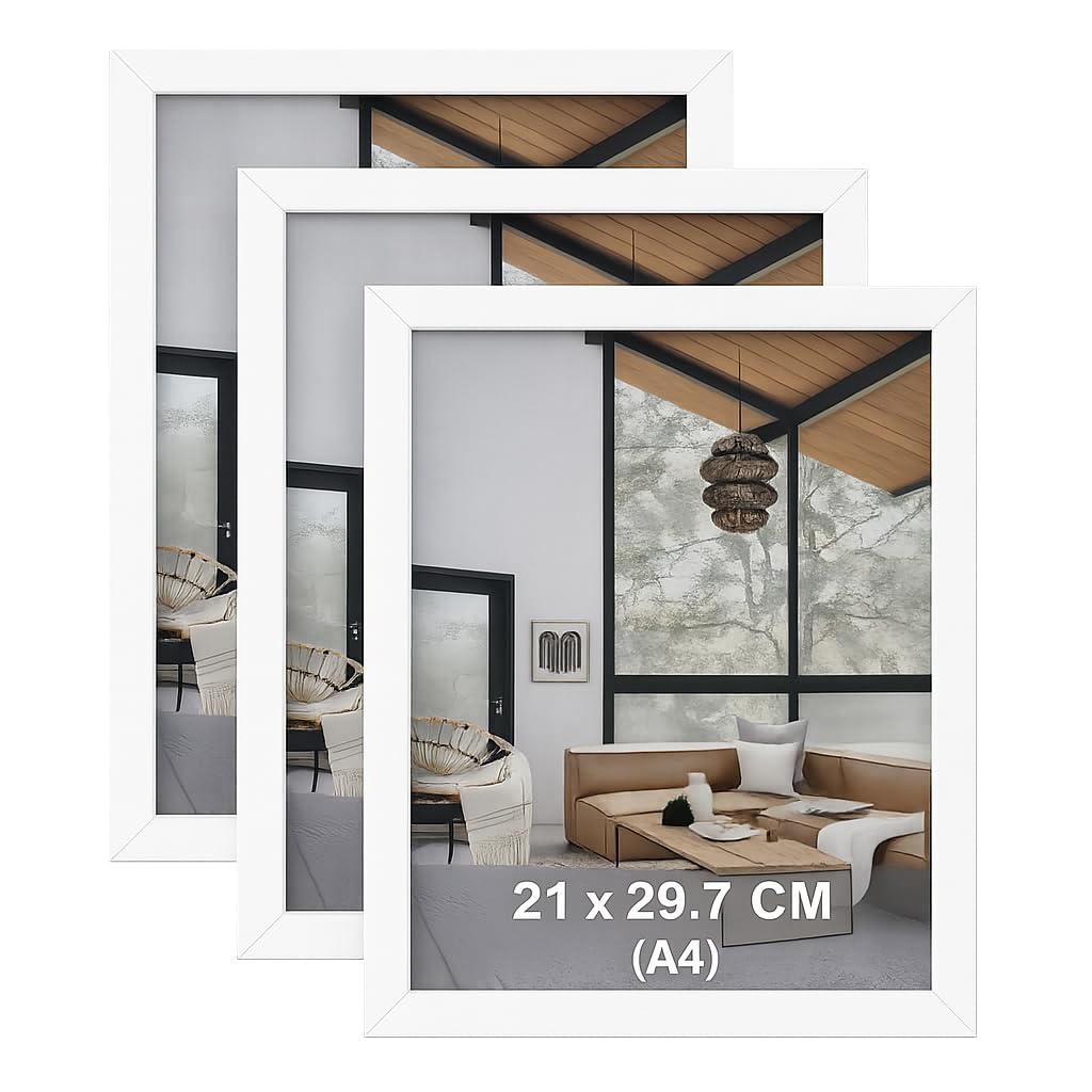 BH | A4 Picture Frames White| Set of 3 | 21 x 29.7cm | Tabletop and Wall Mounting | Photo Frame with Glass Cover | Vertical & Horizontal Display for Living Room, Bedroom and Office - by Best House