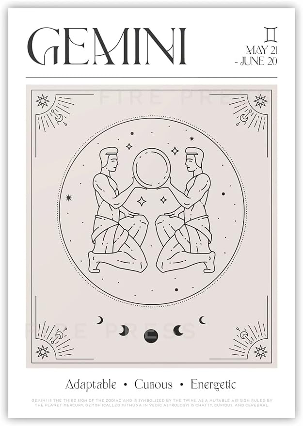 Abstract Gemini Zodiac Wall Art Canvas, Tarot Gemini Signs Gift Canvas, Gemini Spiritual Wall Art Canvas, Zodiac Mythical Print Canvas