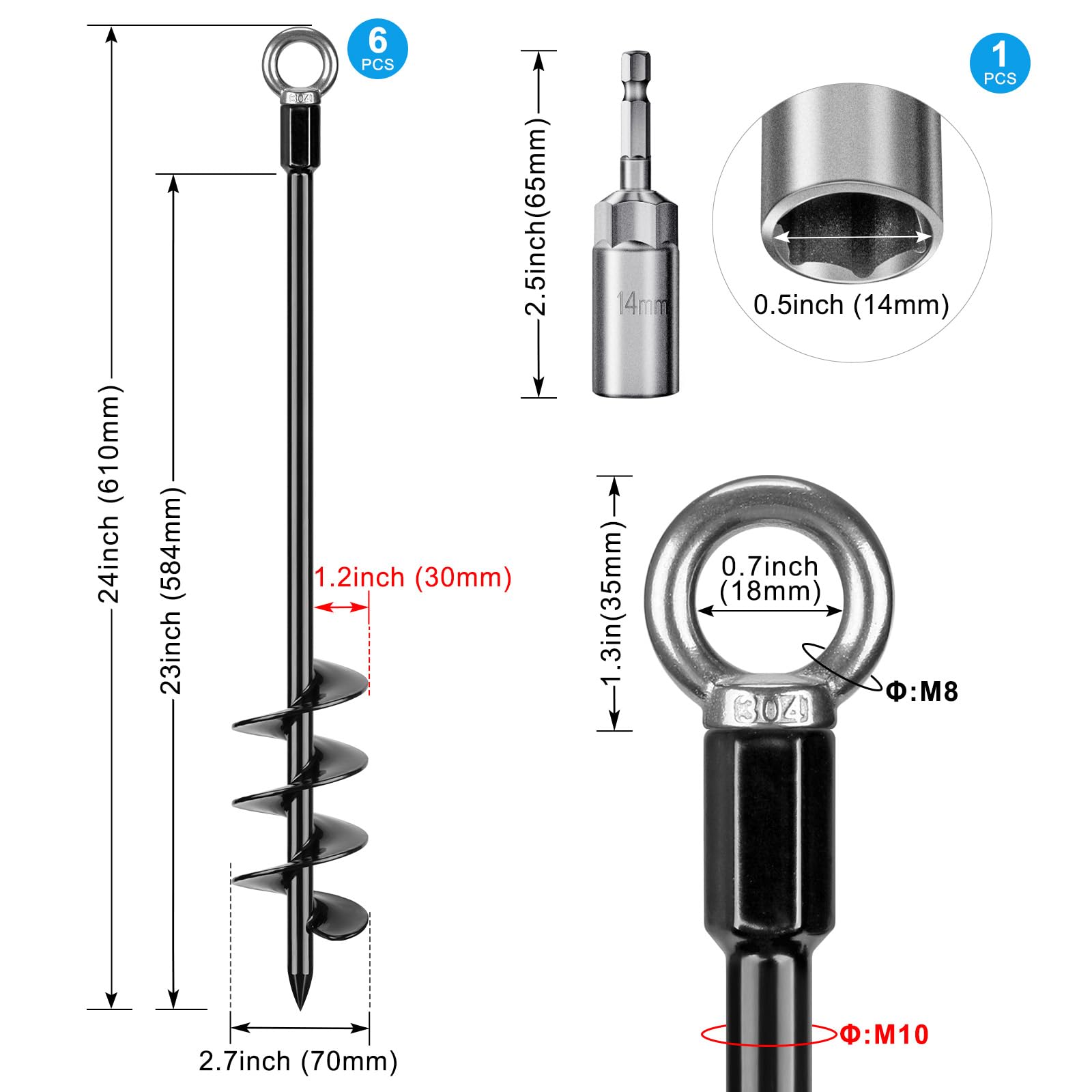 BeneLabel Kołek do namiotu, wytrzymały, 61 cm, śruba kotwiąca do ziemi, trampolina, kołek do trampoliny, 6 szt., metalowy piasek, spirala wiatrowa, do huśtawki, kempingu, szopy, psa, wiatru