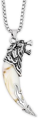 HAQUIL Silver Wolf Tooth Necklace - Mens Animal Fang Pendant With Retro Head Spear Chain for Ceremony Gift Jewelry
