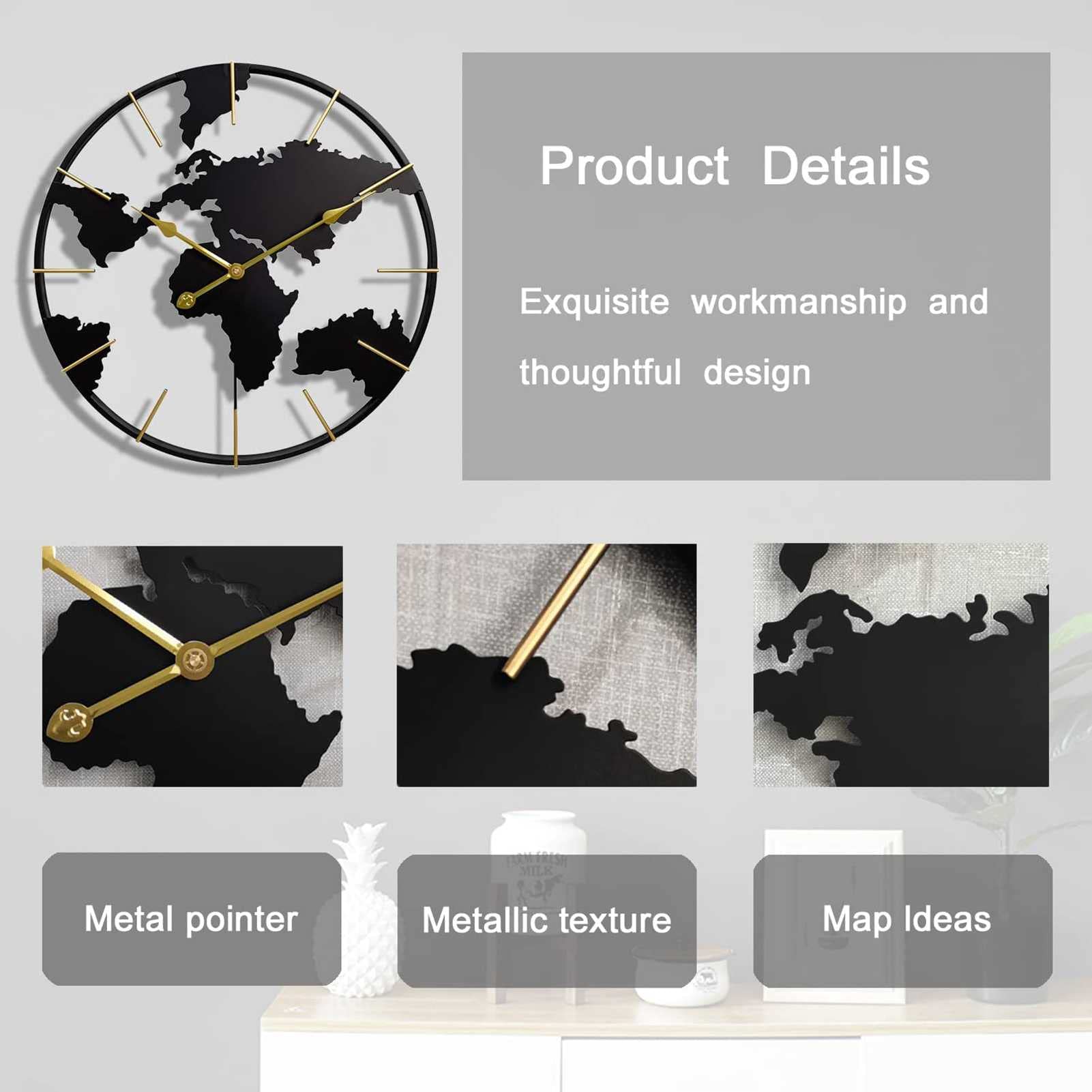 Reloj de pared con mapa del mundo grande, reloj moderno minimalista de metal de 24 pulgadas, relojes redondos silenciosos que no hacen tictac que funcionan con pilas para sala de estar/hogar/cocina/do