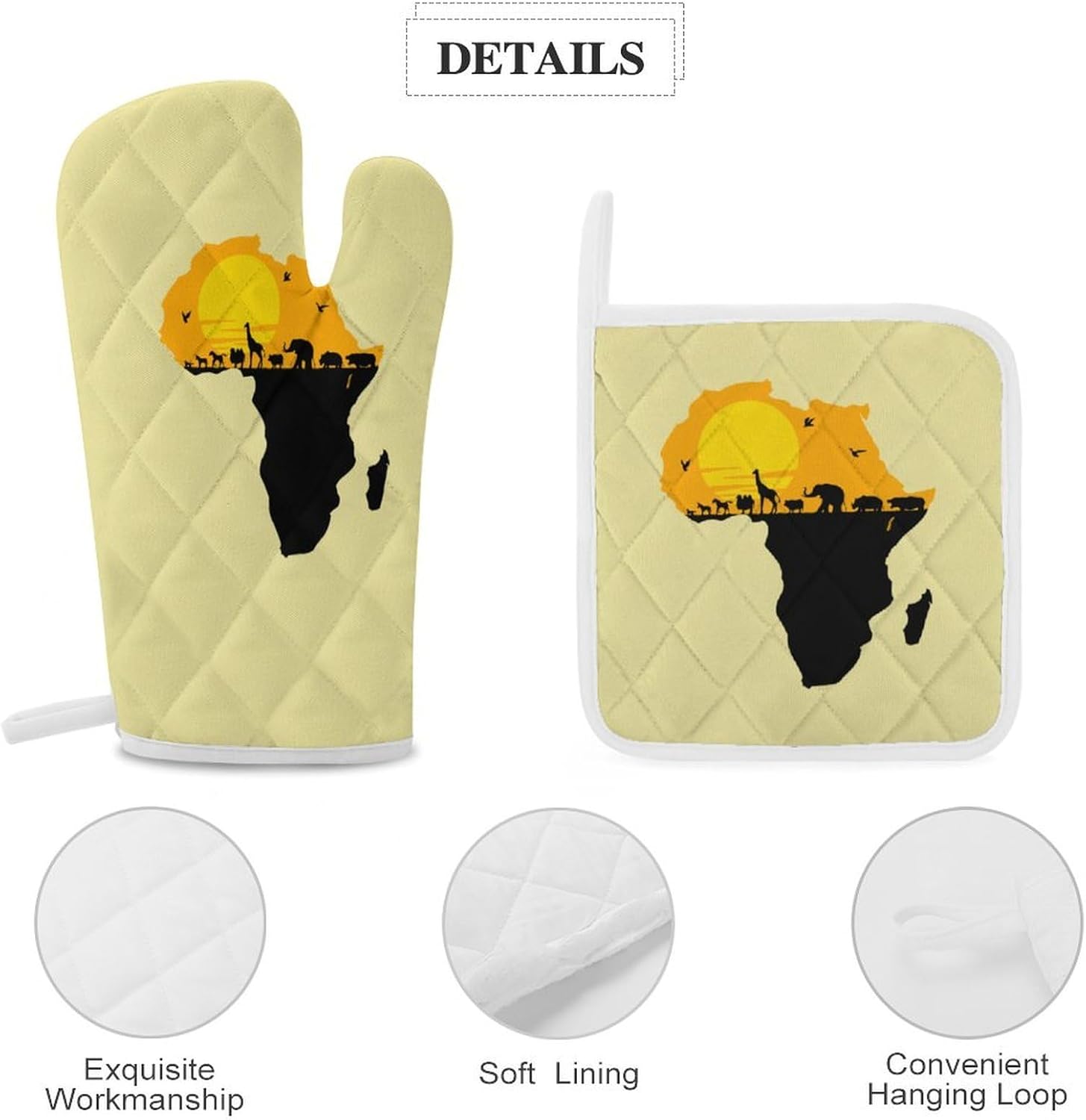 African Map with Wild Animals Oven Mitts and Pot Holders 4Pcs Set Heat Resistant Cooking Mitts Hot Pads
