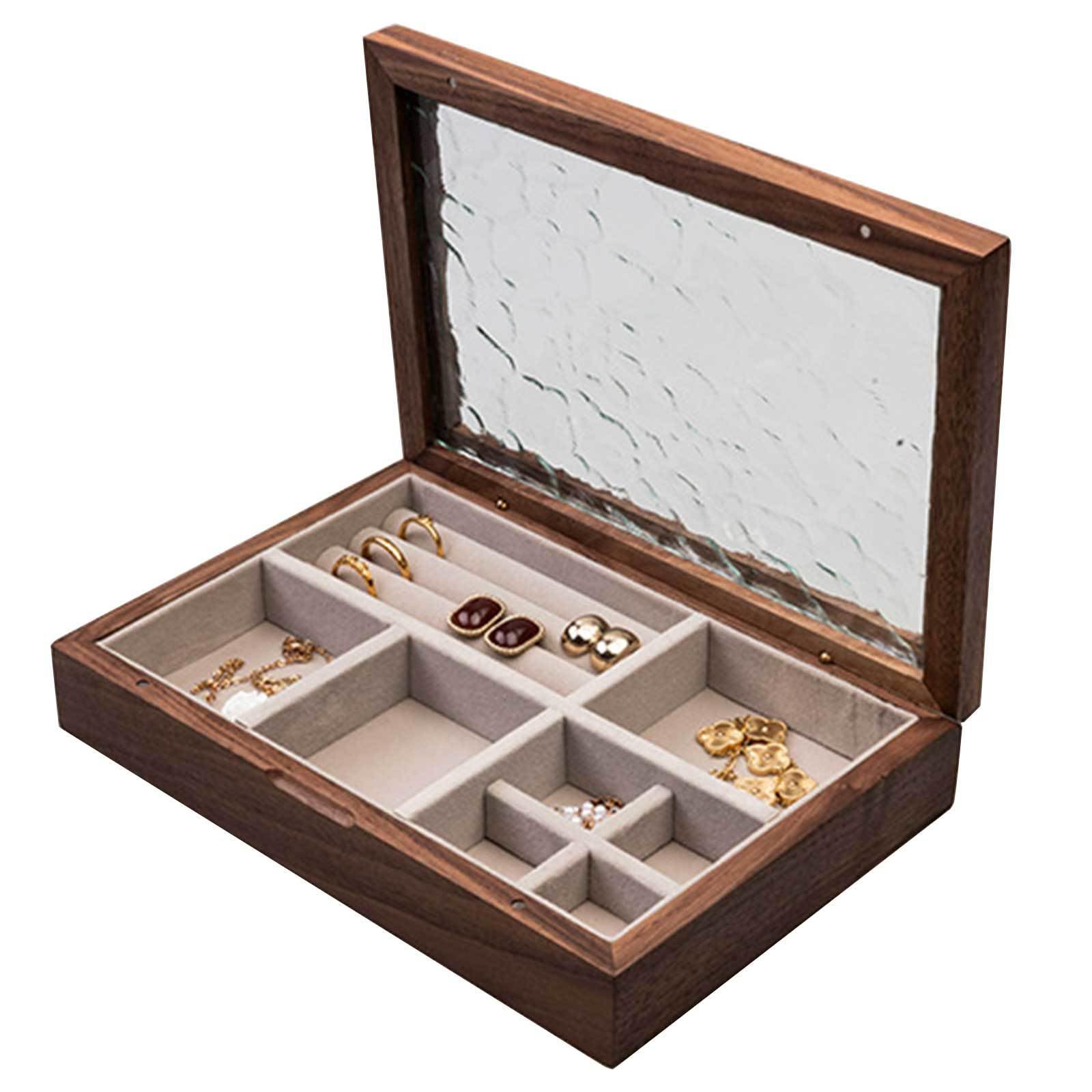Boîte à Bijoux en Bois pour Femme - Organisateur de Bibelots Antiques avec Couvercle en Verre, Fentes pour Anneaux et Compartiments - Boîte de Rangement Polyvalente,D