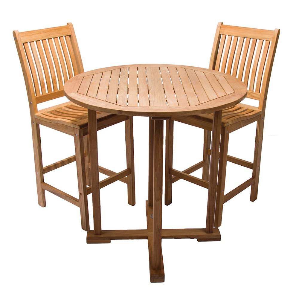 Royal Teak Collection3-Piece Teak Patio Conversation Set with 39-Inch Round Bar Table & Classic Bar Chairs (P97NA), Navy Multi Cushions